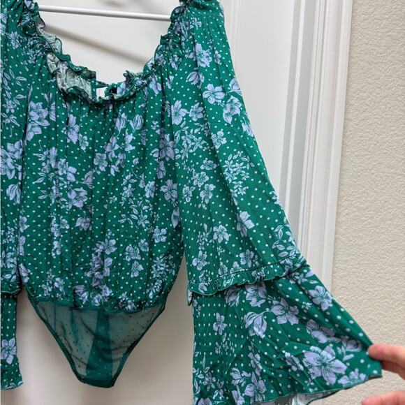 Free People Green One on One Date Long Sleeve Ruffle Scoop Neck Bodysuit Top S - Picture 4 of 12